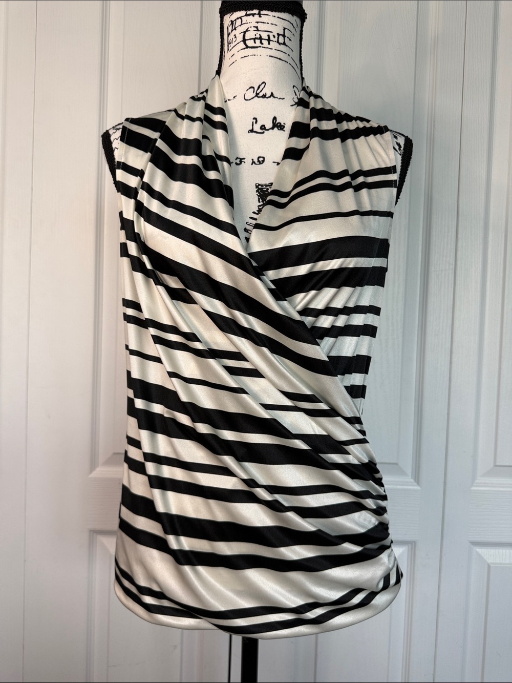 New York & Company Black and White Striped Faux-Wrap Sleeveless Top